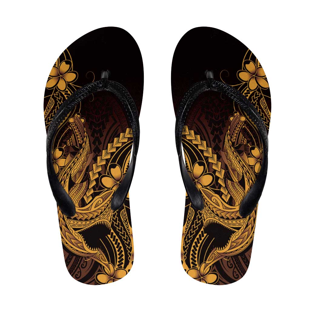 Gold Black Aloha Hawaii Flip Flops Polynesian Shark Tattoo With Plumeria LT14 Gold - Polynesian Pride