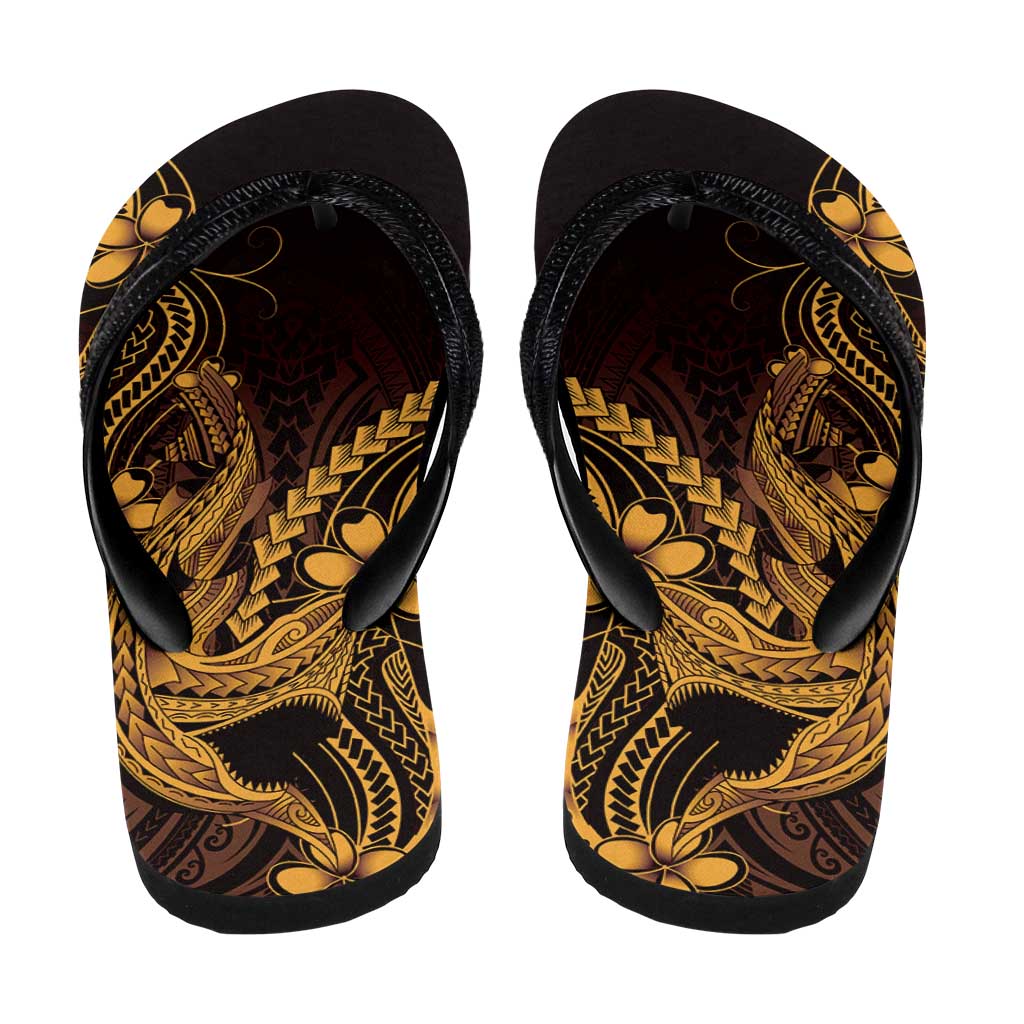 Gold Black Aloha Hawaii Flip Flops Polynesian Shark Tattoo With Plumeria LT14 - Polynesian Pride