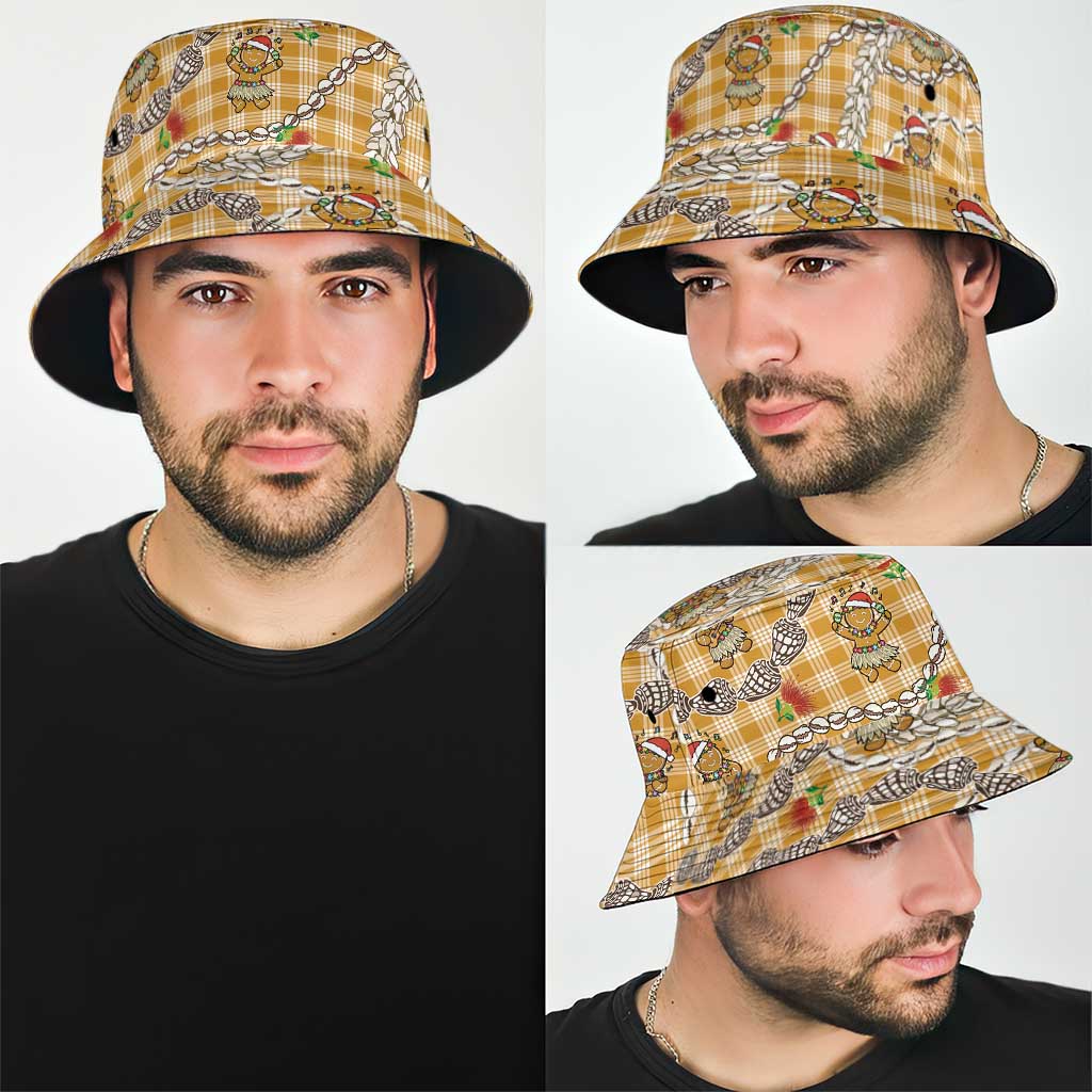 Gold Palaka Hawaii Mele Kalikimaka Bucket Hat Ohia Lehua Shell Leis Funny Gingerbread Santa LT14 - Polynesian Pride