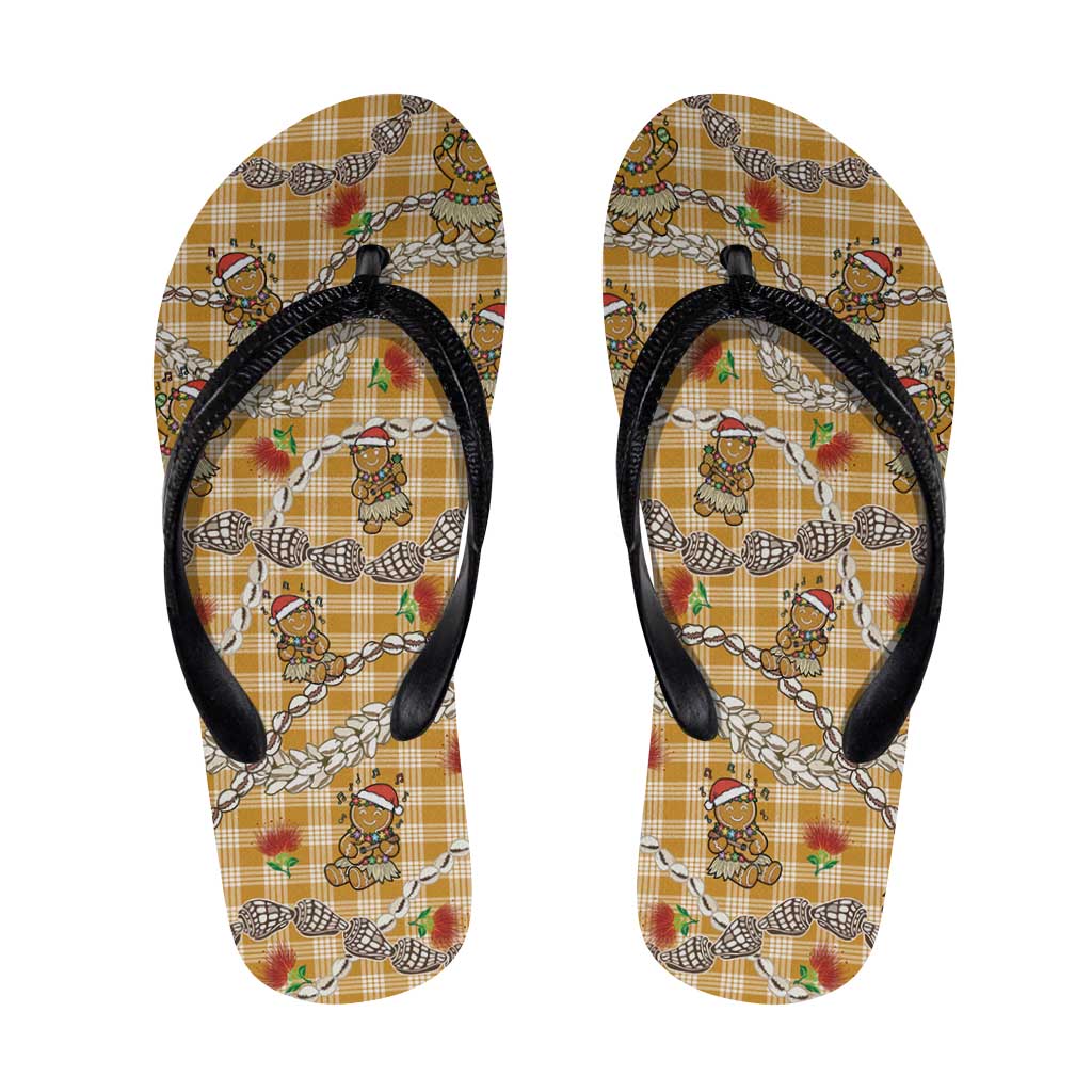 Gold Palaka Hawaii Mele Kalikimaka Flip Flops Ohia Lehua Shell Leis Funny Gingerbread Santa - Polynesian Pride