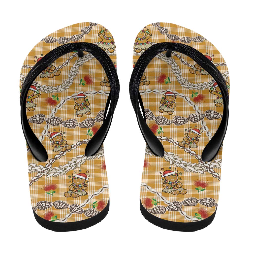 Gold Palaka Hawaii Mele Kalikimaka Flip Flops Ohia Lehua Shell Leis Funny Gingerbread Santa - Polynesian Pride
