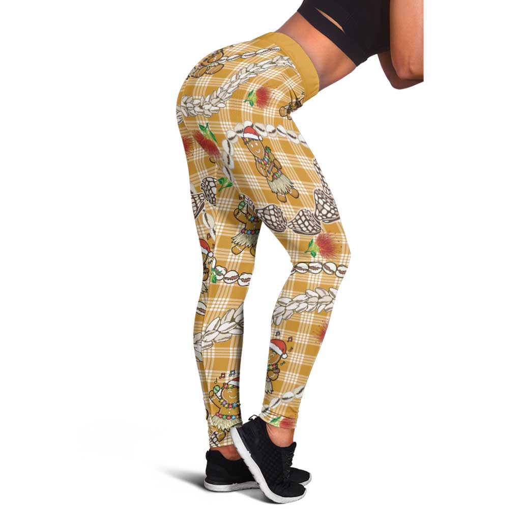 Gold Palaka Hawaii Mele Kalikimaka Leggings Ohia Lehua Shell Leis Funny Gingerbread Santa - Polynesian Pride