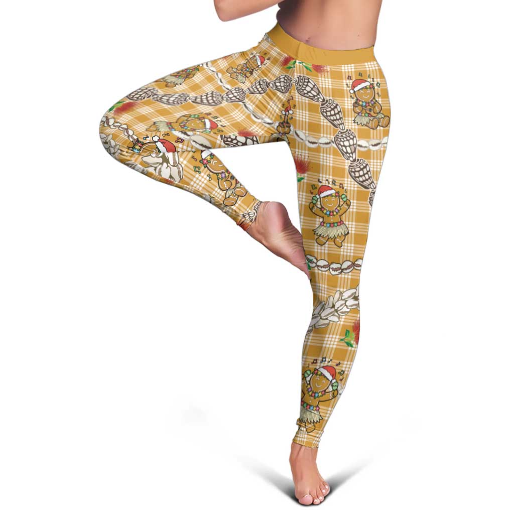 Gold Palaka Hawaii Mele Kalikimaka Leggings Ohia Lehua Shell Leis Funny Gingerbread Santa - Polynesian Pride