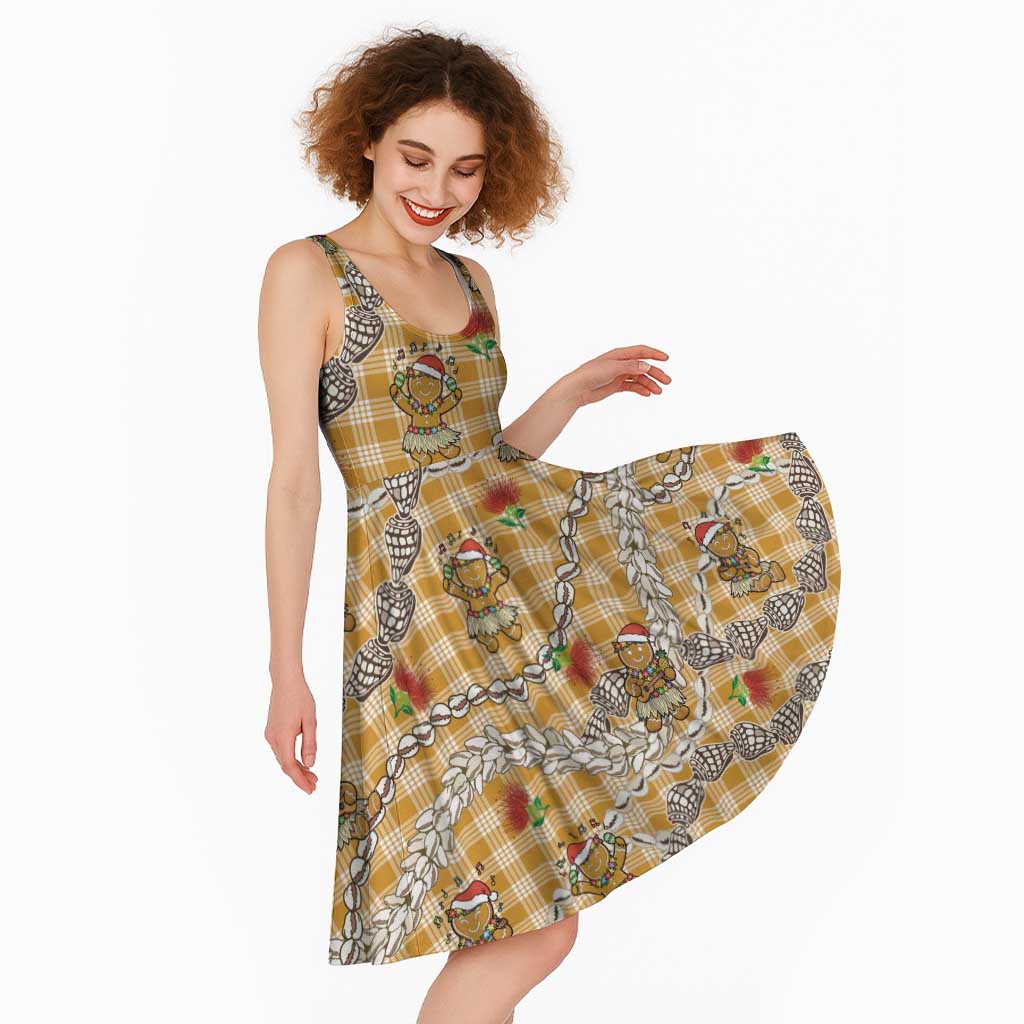 Gold Palaka Hawaii Mele Kalikimaka Midi Dress Ohia Lehua Shell Leis Funny Gingerbread Santa - Polynesian Pride