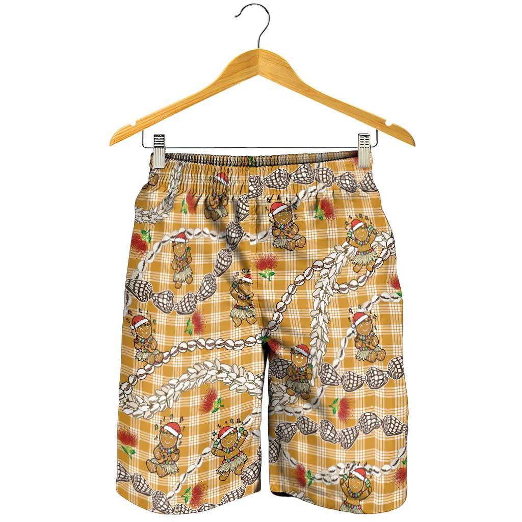 Gold Palaka Hawaii Mele Kalikimaka Shorts for Men Ohia Lehua Shell Leis Funny Gingerbread Santa - Polynesian Pride