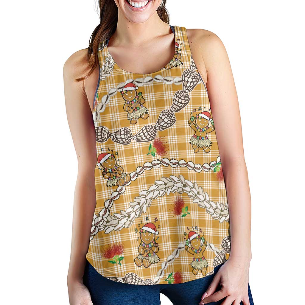 Gold Palaka Hawaii Mele Kalikimaka Women Racerback Tank Ohia Lehua Shell Leis Funny Gingerbread Santa - Polynesian Pride