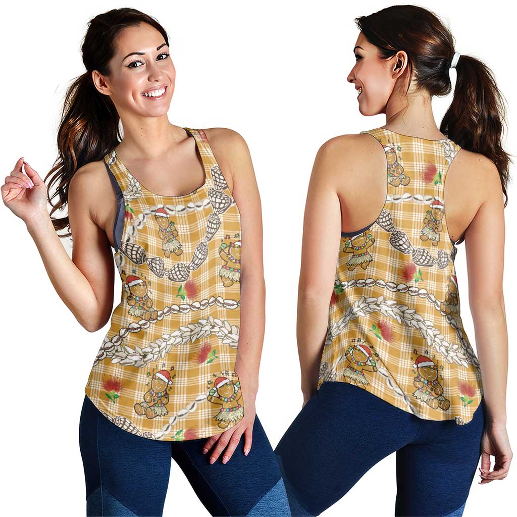 Gold Palaka Hawaii Mele Kalikimaka Women Racerback Tank Ohia Lehua Shell Leis Funny Gingerbread Santa - Polynesian Pride