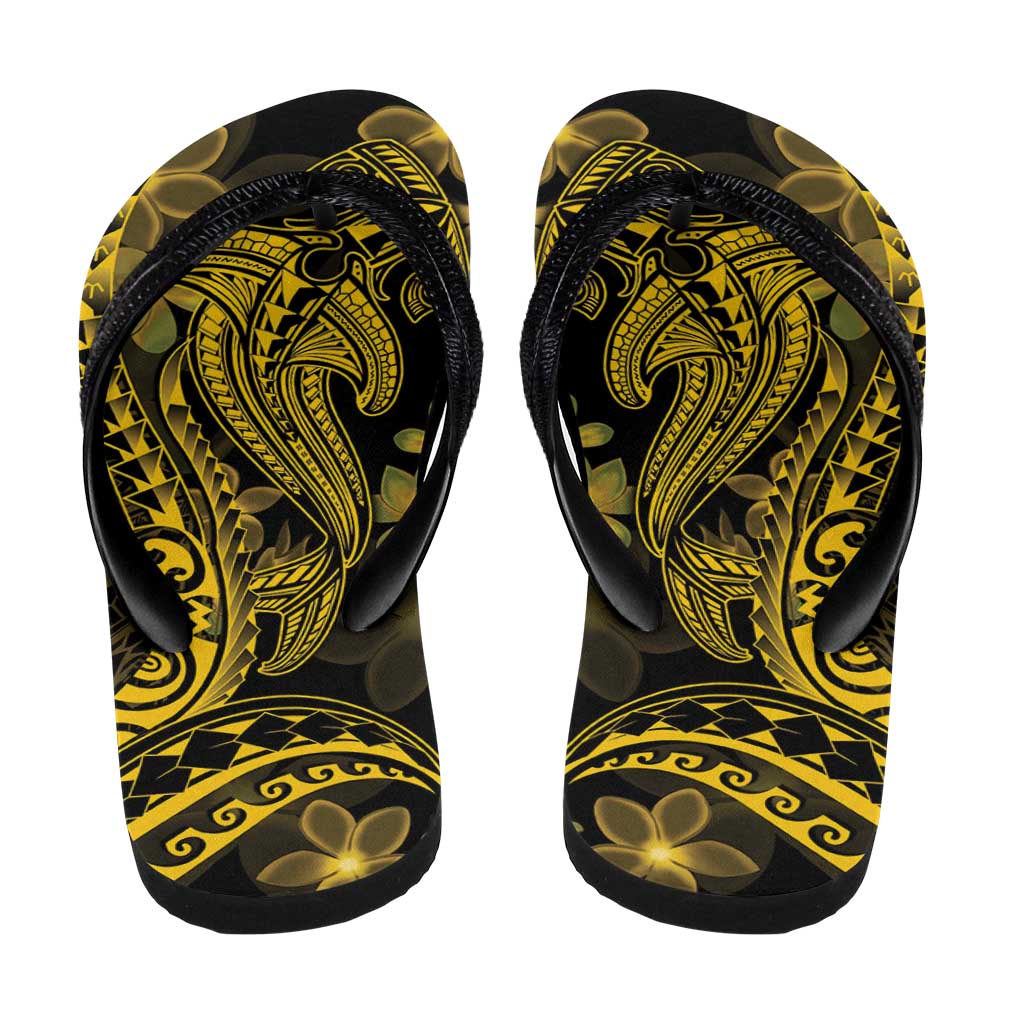 Gold Polynesia Shark Tattoo Flip Flops Polynesian Plumeria - Polynesian Pride