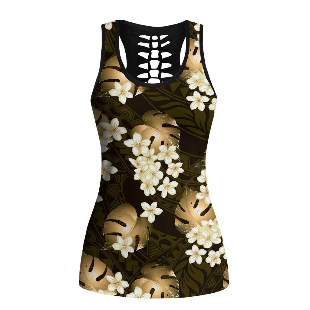 Gold Tropical Hawaii Hollow Tank Top Seamless Monstera Plumeria Hawaiian Pattern LT14 Female Gold - Polynesian Pride