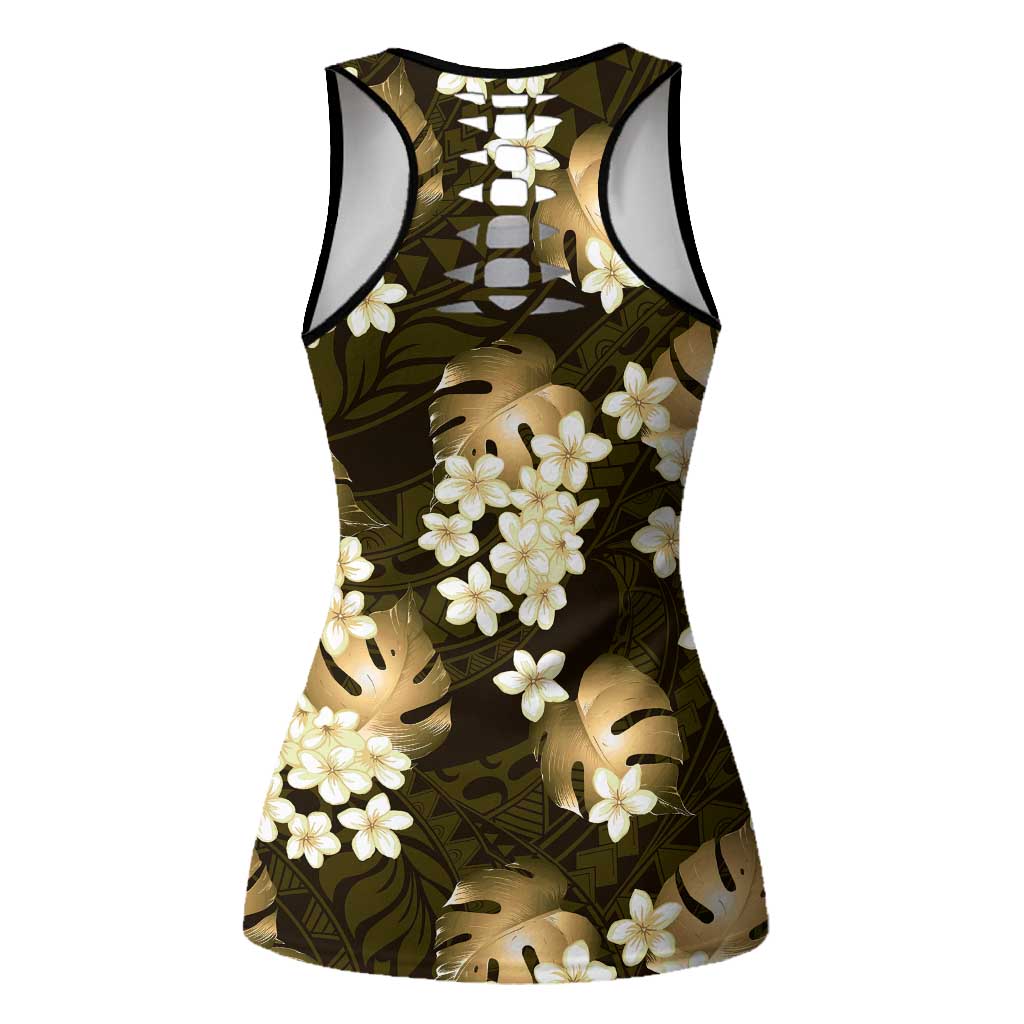 Gold Tropical Hawaii Hollow Tank Top Seamless Monstera Plumeria Hawaiian Pattern LT14 - Polynesian Pride