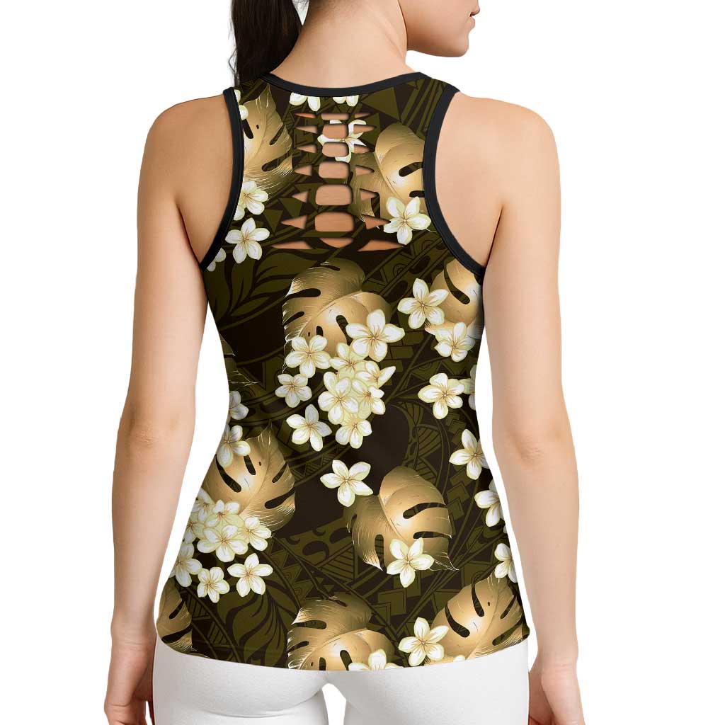 Gold Tropical Hawaii Hollow Tank Top Seamless Monstera Plumeria Hawaiian Pattern LT14 - Polynesian Pride