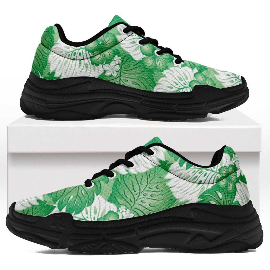 Green Aloha Hawaii Chunky Sneakers Monstera Hibiscus Plumeria Seamless Vibes - Polynesian Pride