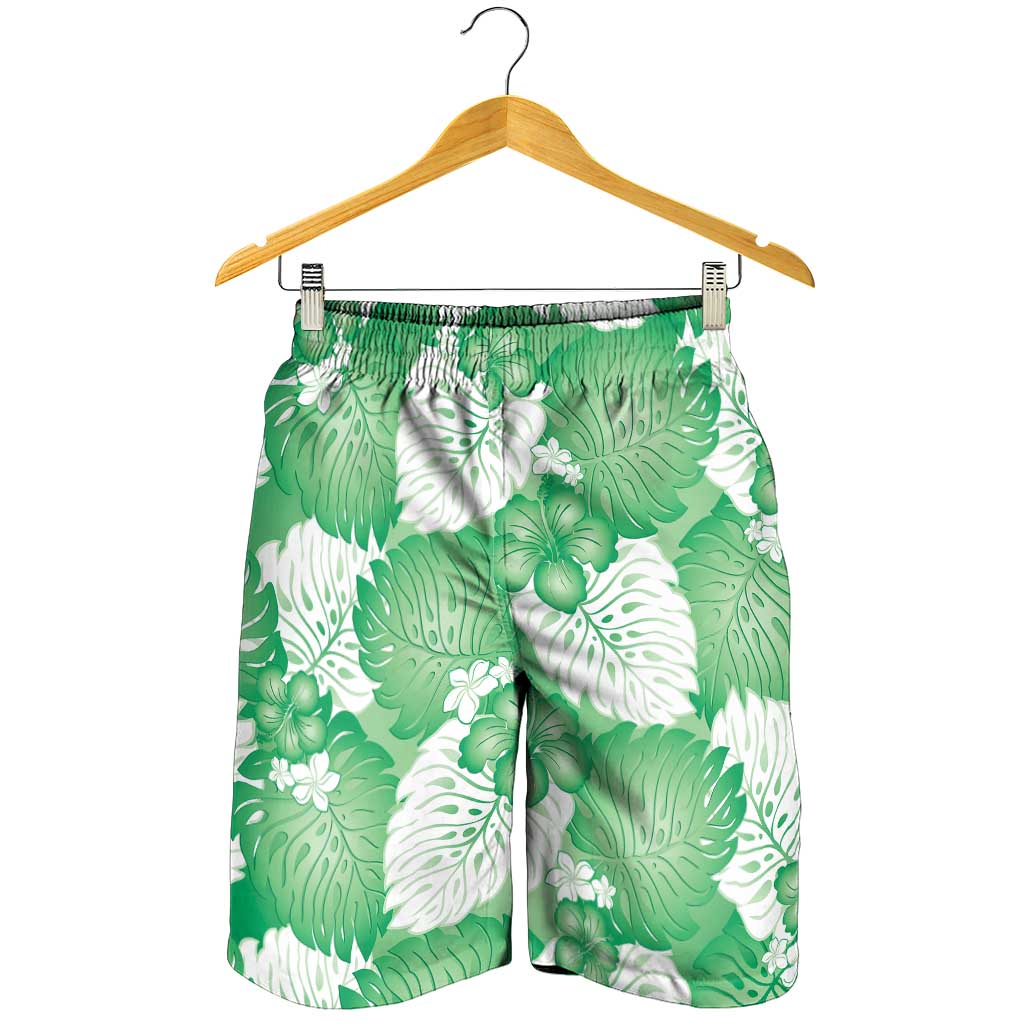 Green Aloha Hawaii Shorts for Men Monstera Hibiscus Plumeria Seamless Vibes - Polynesian Pride
