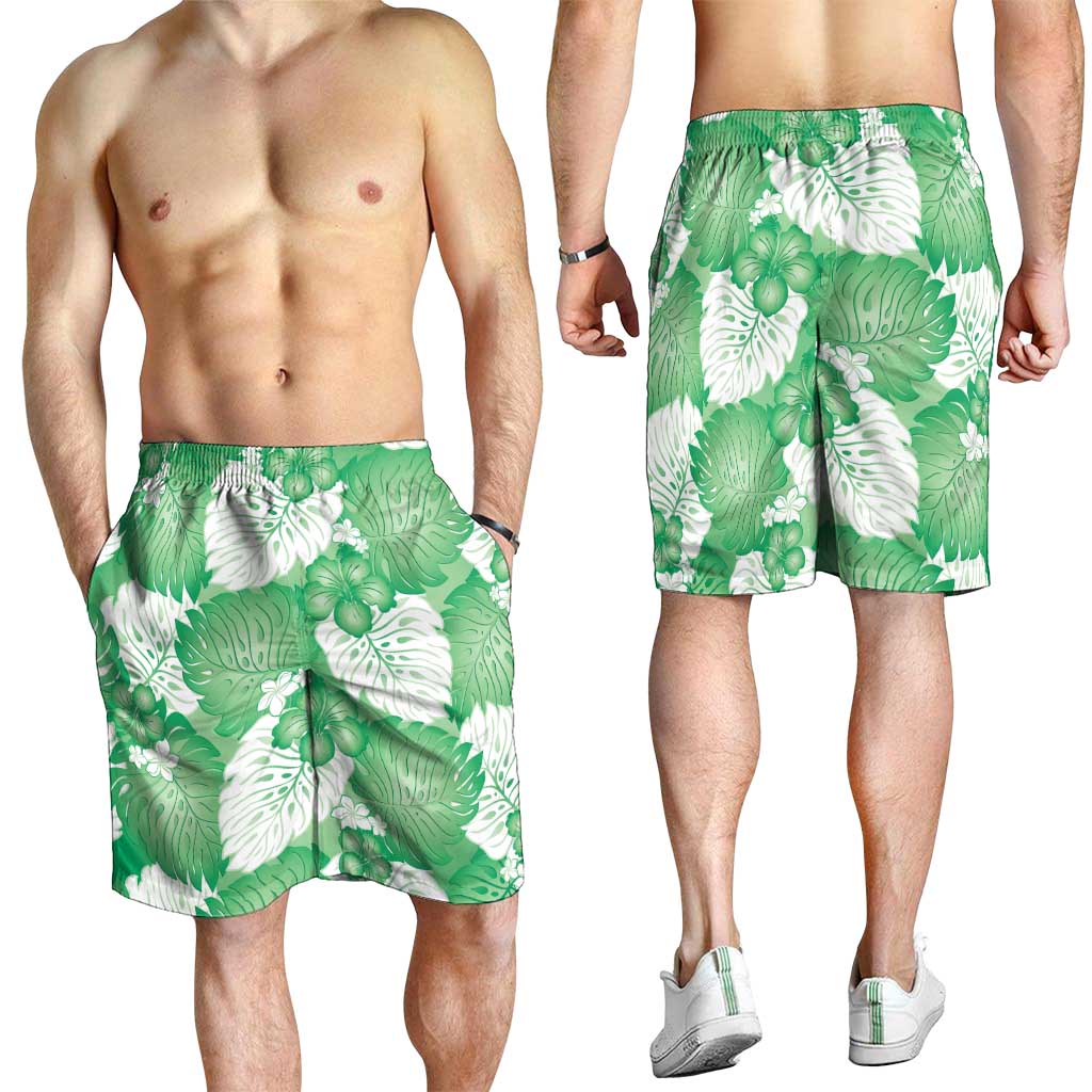 Green Aloha Hawaii Shorts for Men Monstera Hibiscus Plumeria Seamless Vibes - Polynesian Pride