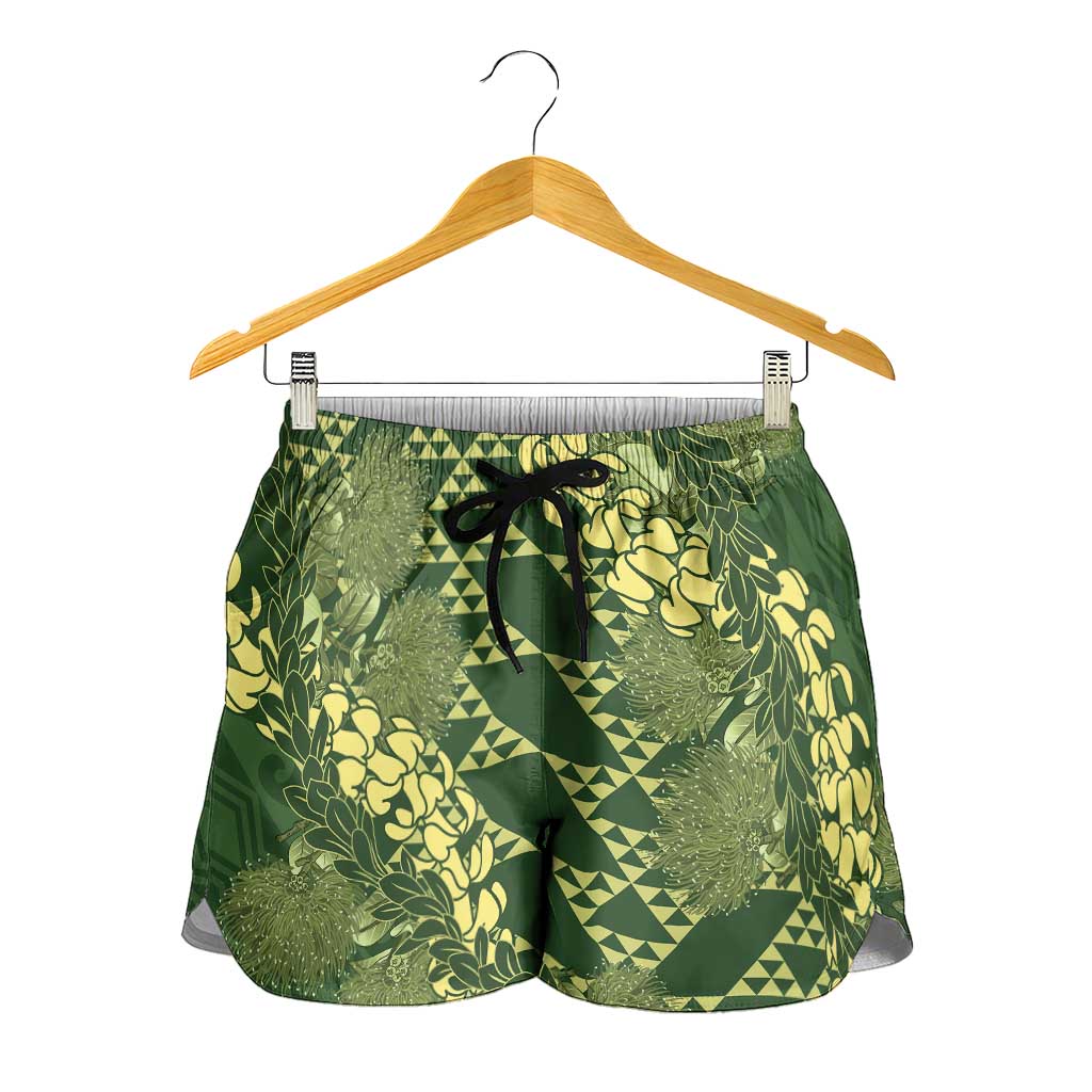 Green Aloha Hawaii Shorts for Women Hawaiian Kakau Ohia Lehua Lei - Polynesian Pride