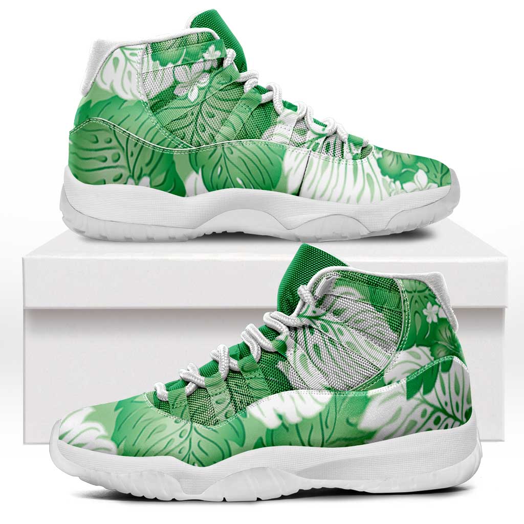 Green Aloha Hawaii Sneakers J11 Monstera Hibiscus Plumeria Seamless Vibes - Polynesian Pride