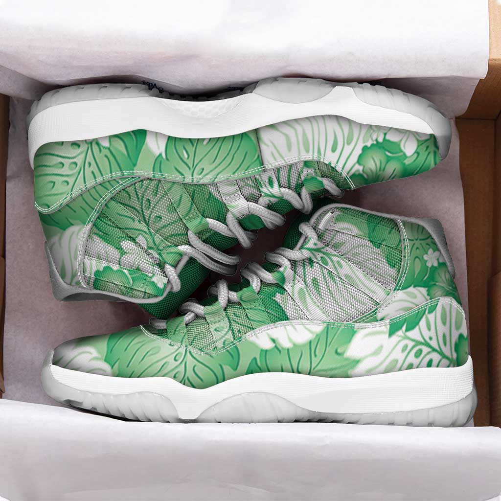 Green Aloha Hawaii Sneakers J11 Monstera Hibiscus Plumeria Seamless Vibes - Polynesian Pride