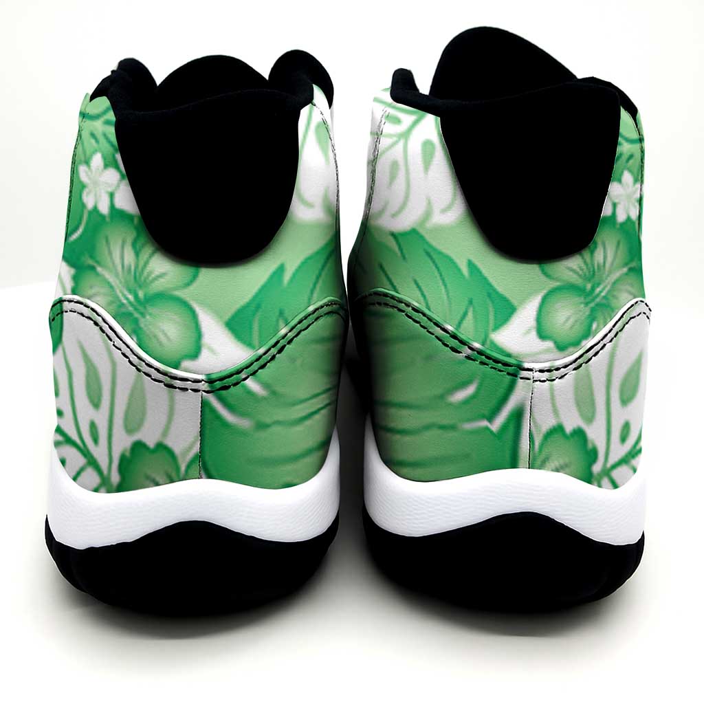 Green Aloha Hawaii Sneakers J11 Monstera Hibiscus Plumeria Seamless Vibes - Polynesian Pride
