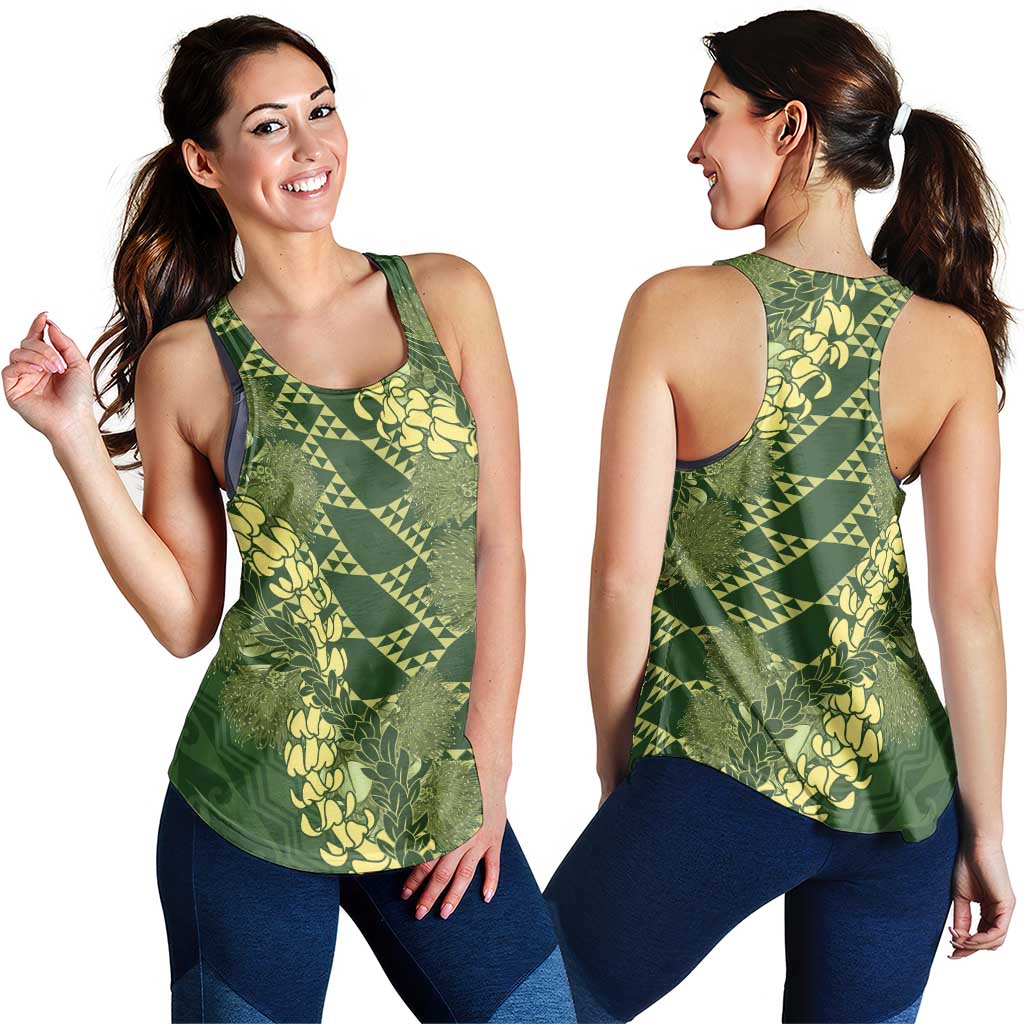 Green Aloha Hawaii Women Racerback Tank Hawaiian Kakau Ohia Lehua Lei - Polynesian Pride