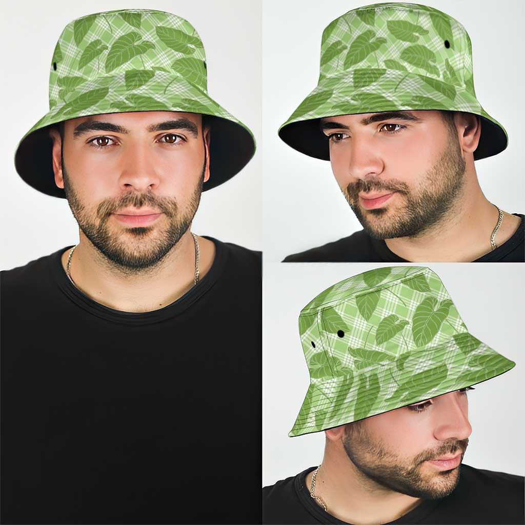 Green Hawaii Kalo Palaka Motifs Bucket Hat Hawaiian Taro Leaves Elegant Vibes