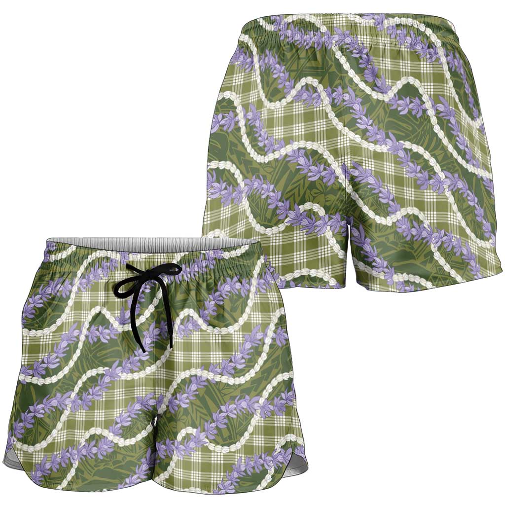 Green Hawaii Palaka Honohono Pikake Shorts for Women Hawaiian Orchid Lei Polynesian Pattern - Polynesian Pride