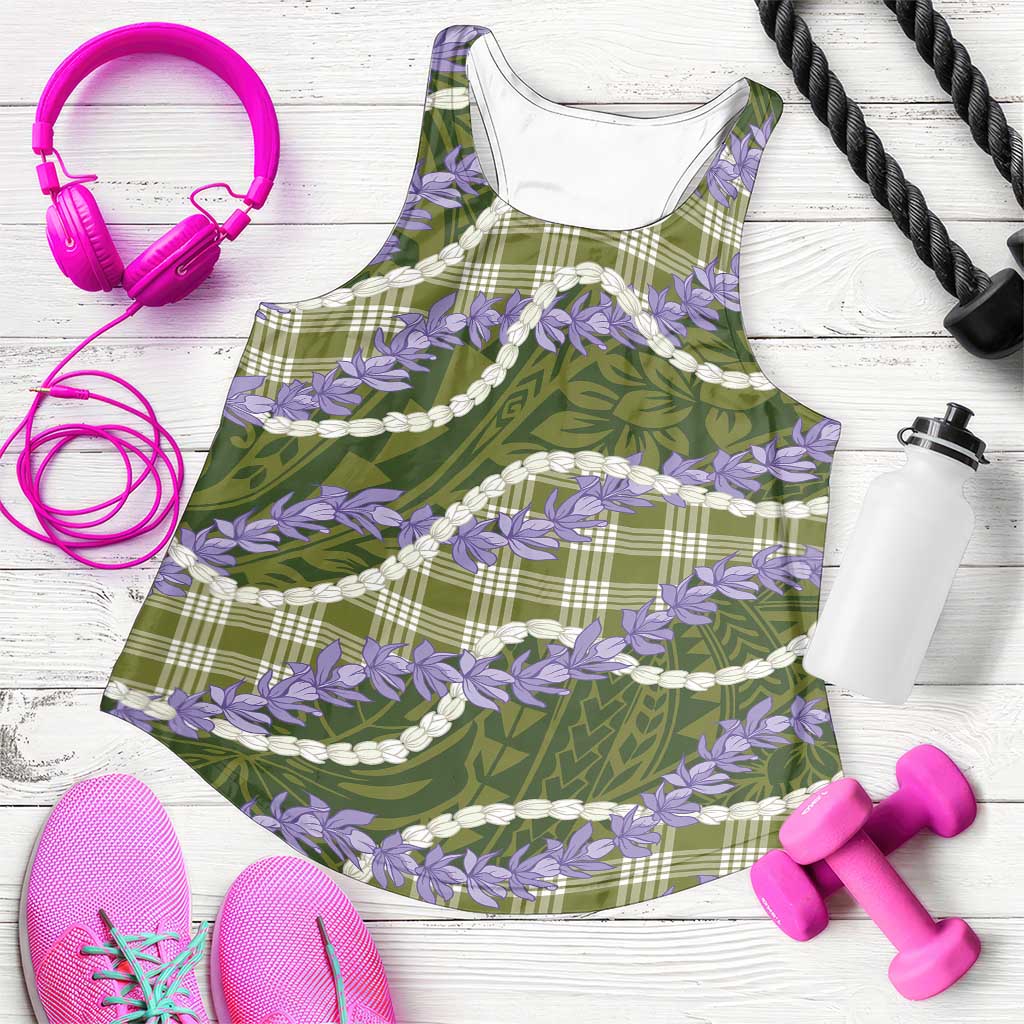 Green Hawaii Palaka Honohono Pikake Women Racerback Tank Hawaiian Orchid Lei Polynesian Pattern - Polynesian Pride