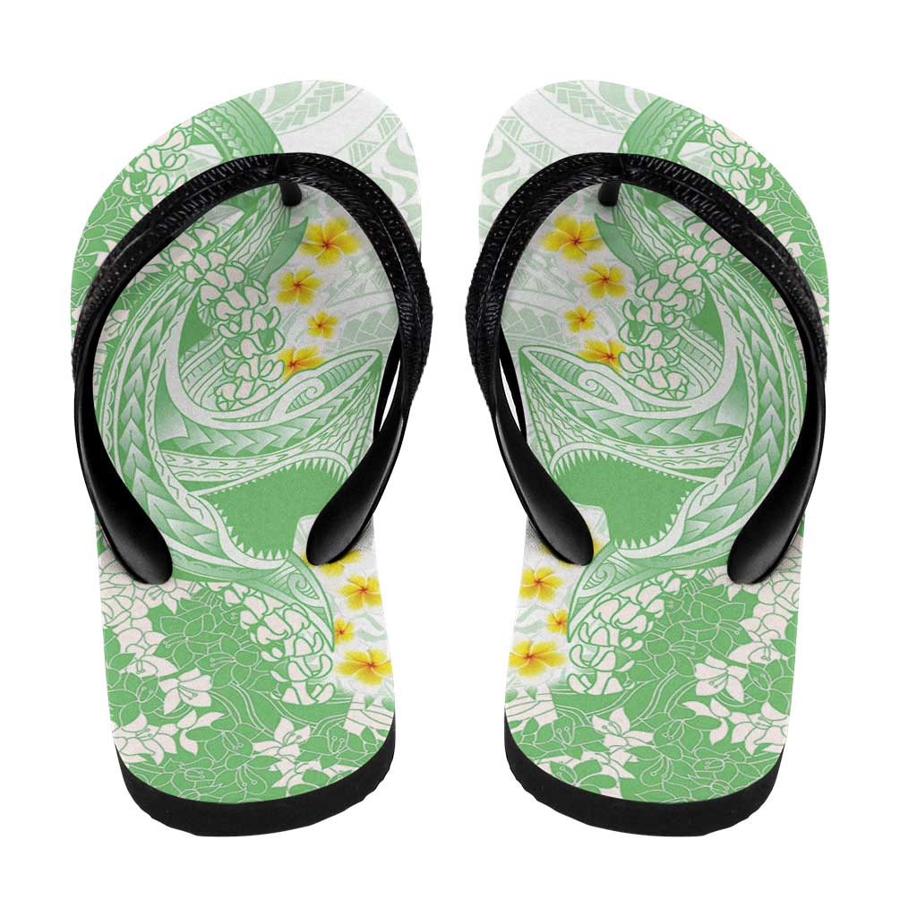 Green Hawaii Shark Tattoo Flip Flops Puakenikeni Lei Plumeria Polynesian Pattern LT14 - Polynesian Pride
