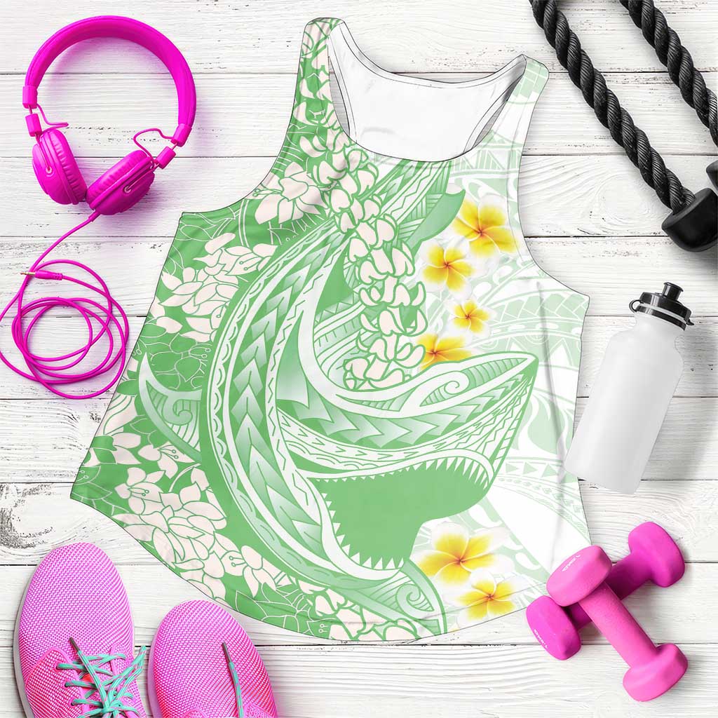 Green Hawaii Shark Tattoo Women Racerback Tank Puakenikeni Lei Plumeria Polynesian Pattern