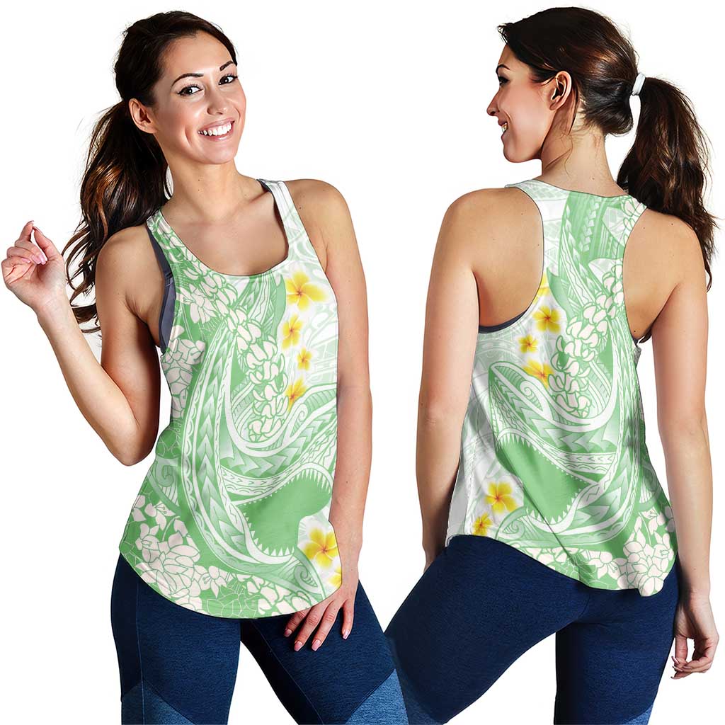 Green Hawaii Shark Tattoo Women Racerback Tank Puakenikeni Lei Plumeria Polynesian Pattern