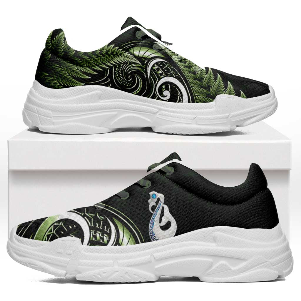 Green New Zealand Chunky Sneakers Aotearoa Silver Fern With Manaia Maori Unique LT14 Green - Polynesian Pride
