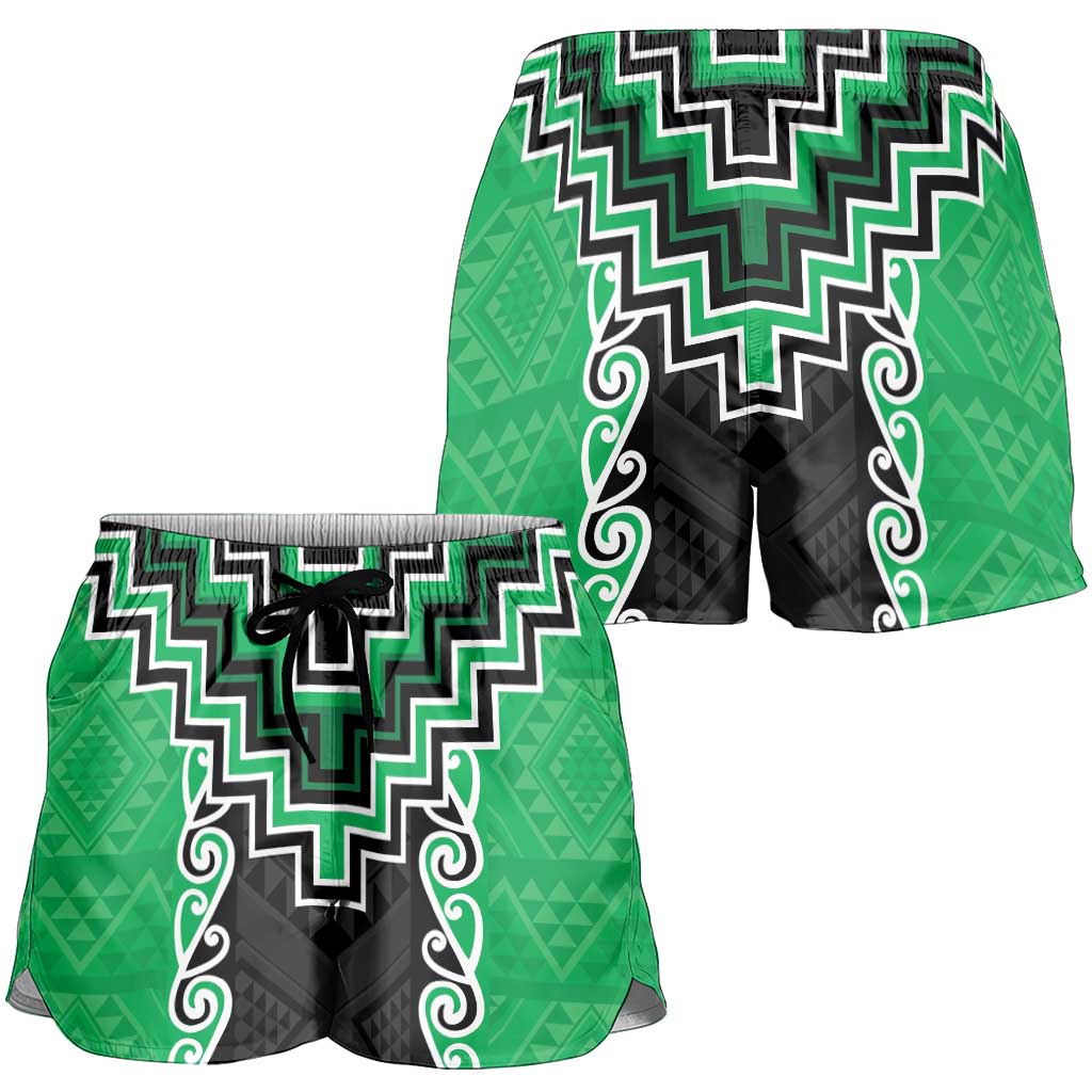 Green Niho Taniwha Mix Poutama Shorts for Women Unique Taniko Aotearoa LT01 - Polynesian Pride