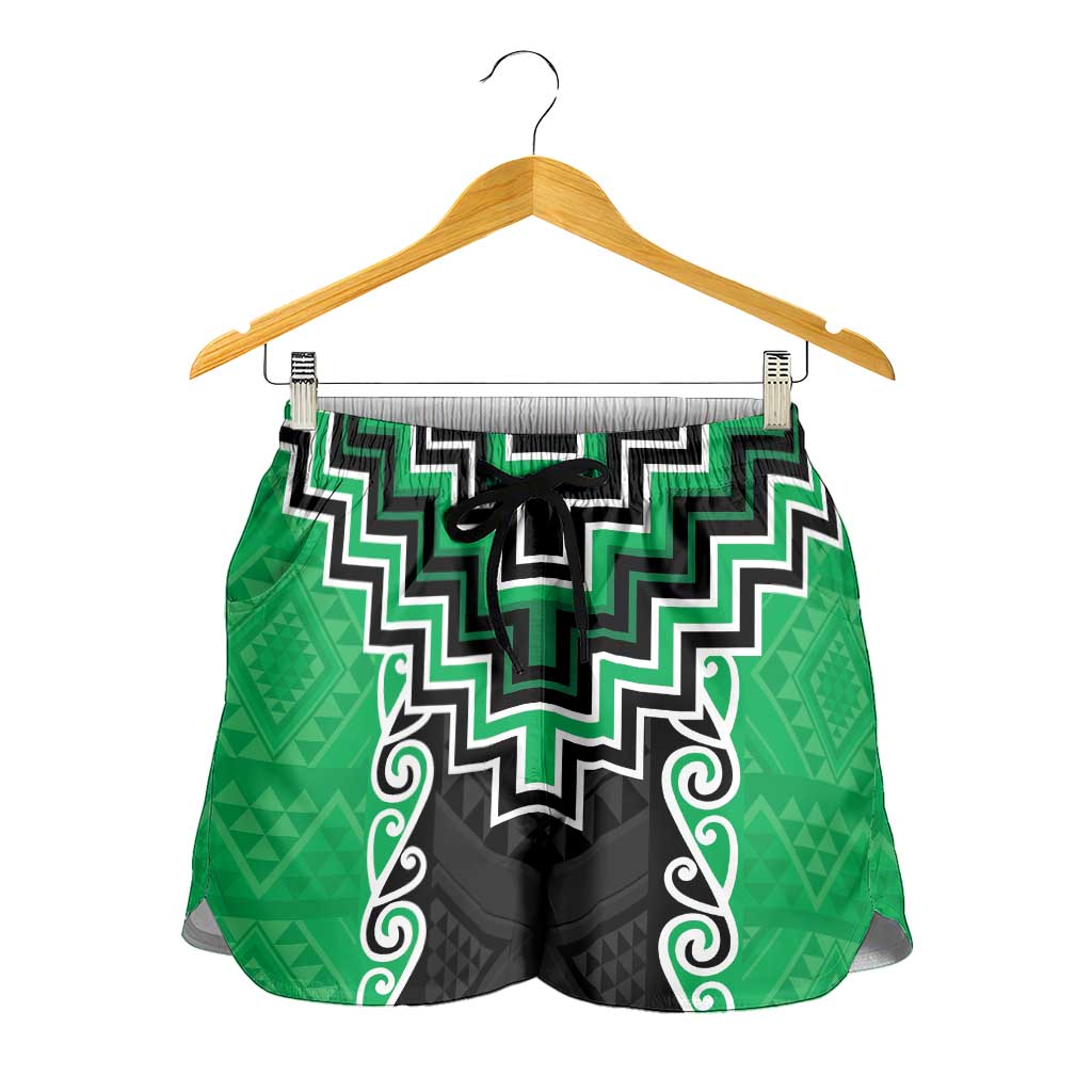 Green Niho Taniwha Mix Poutama Shorts for Women Unique Taniko Aotearoa LT01 - Polynesian Pride