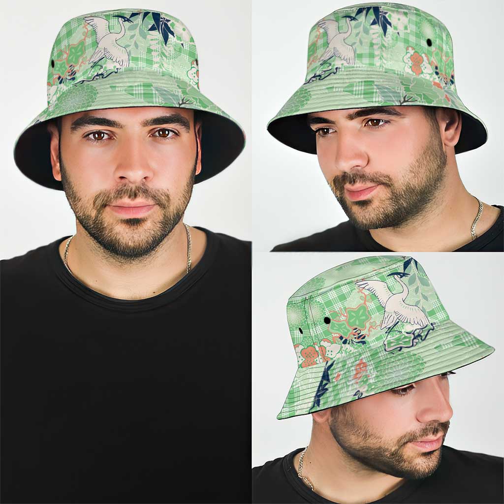 Green Palaka Crane and Flowers Bucket Hat Japan Heritage Spirit - Polynesian Pride