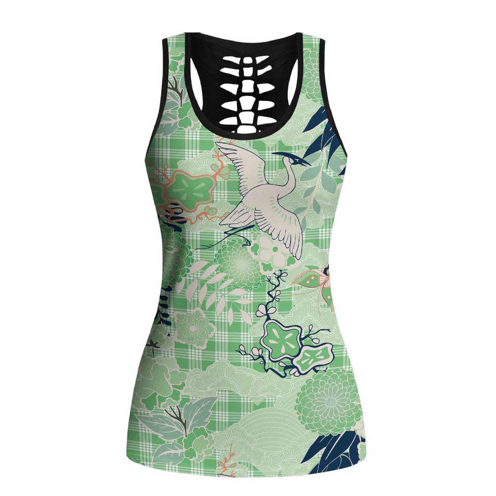 Green Palaka Crane and Flowers Hollow Tank Top Japan Heritage Spirit - Polynesian Pride