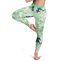 Green Palaka Crane and Flowers Leggings Japan Heritage Spirit - Polynesian Pride