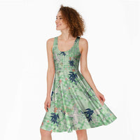 Green Palaka Crane and Flowers Midi Dress Japan Heritage Spirit - Polynesian Pride