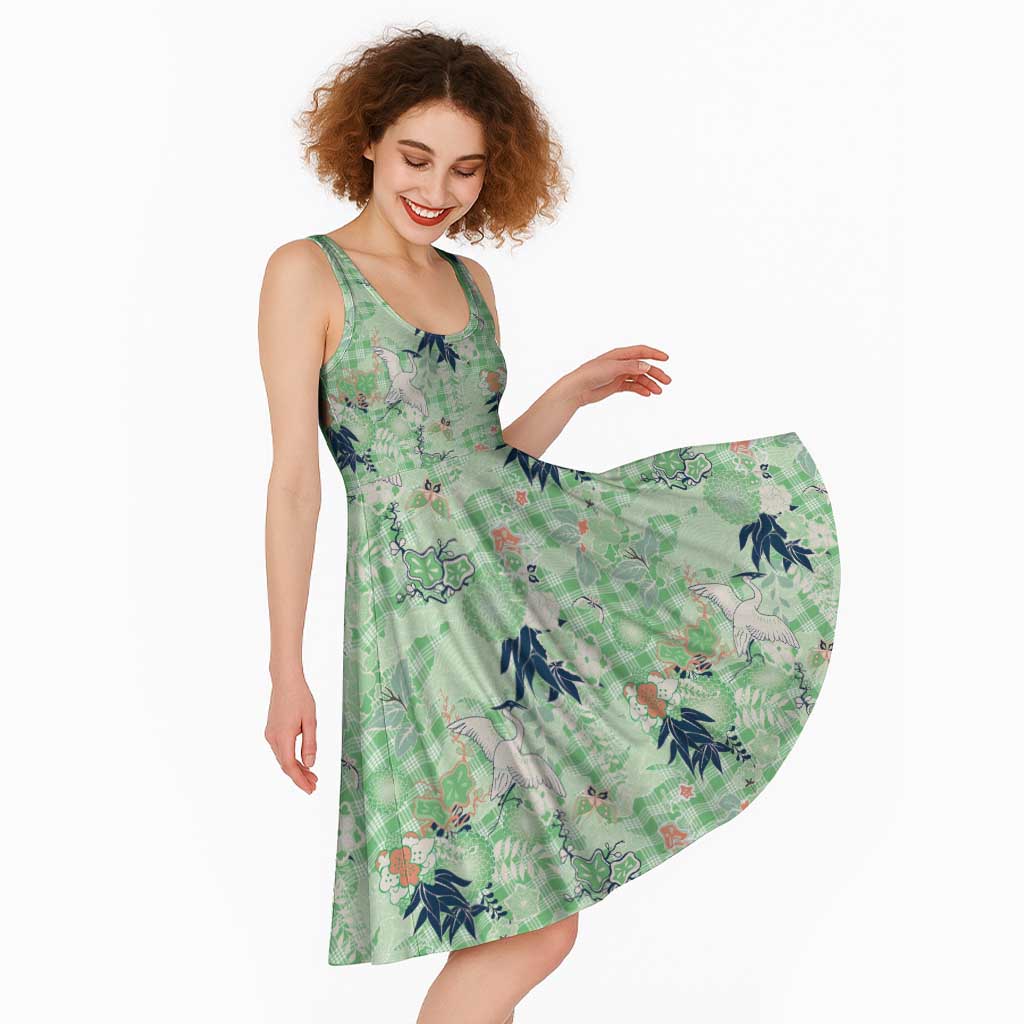 Green Palaka Crane and Flowers Midi Dress Japan Heritage Spirit - Polynesian Pride