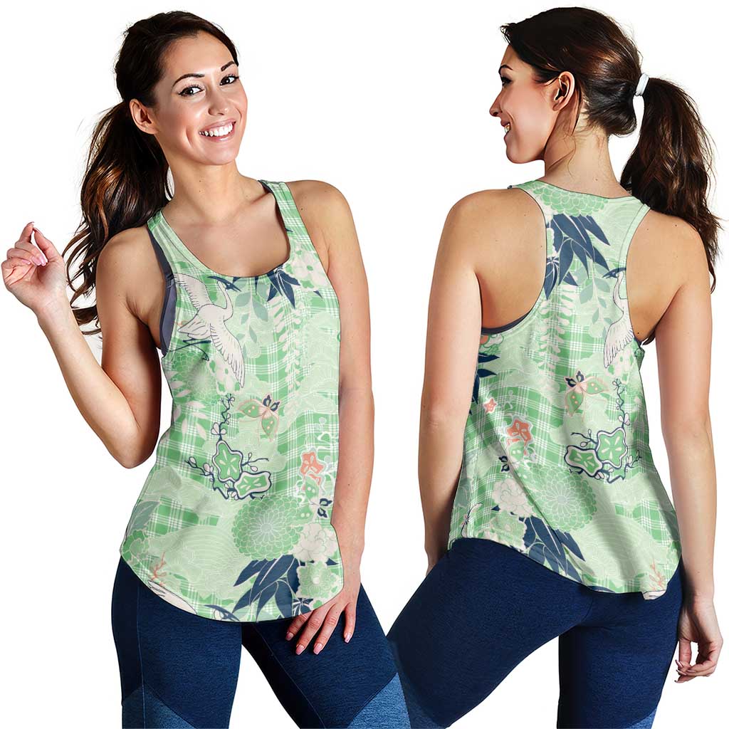 Green Palaka Crane and Flowers Women Racerback Tank Japan Heritage Spirit - Polynesian Pride