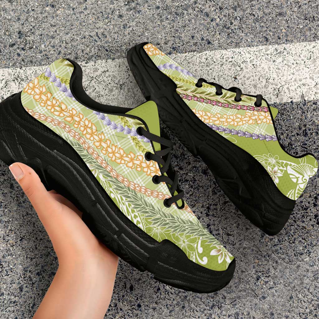 Green Palaka Hawaii Leis Chunky Sneakers Hawaiian-plaid Elegant Tropical Vibes