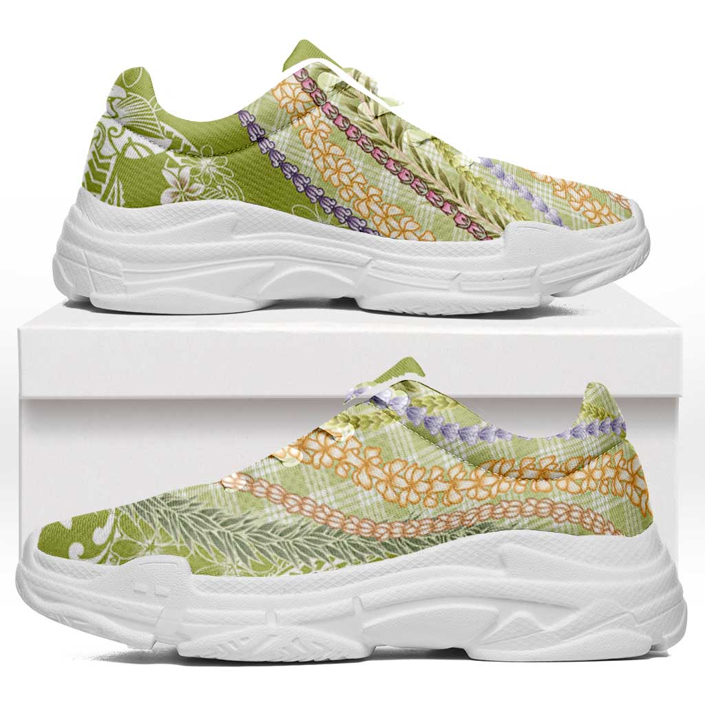 Green Palaka Hawaii Leis Chunky Sneakers Hawaiian-plaid Elegant Tropical Vibes