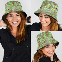 Green Palaka Hawaii Mele Kalikimaka Bucket Hat Ohia Lehua Shell Leis Funny Gingerbread Santa - Polynesian Pride