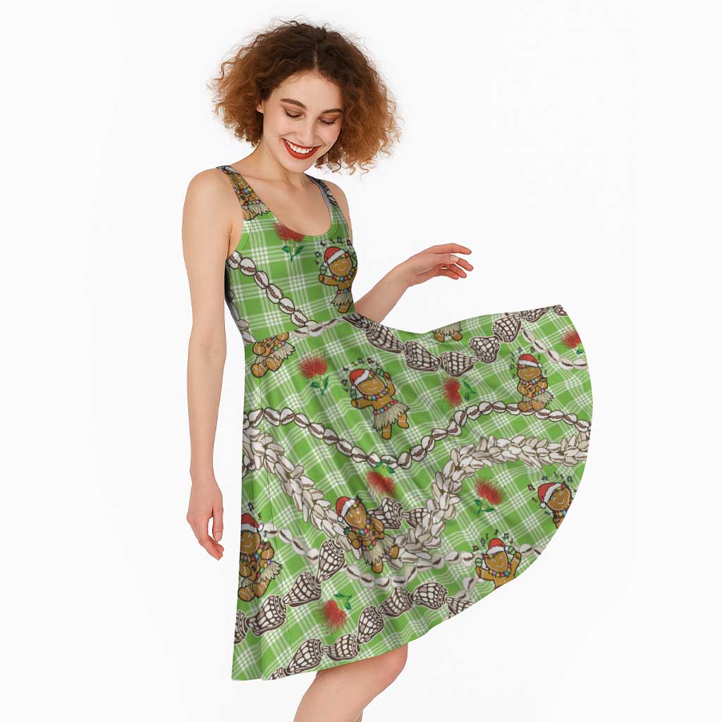 Green Palaka Hawaii Mele Kalikimaka Midi Dress Ohia Lehua Shell Leis Funny Gingerbread Santa - Polynesian Pride