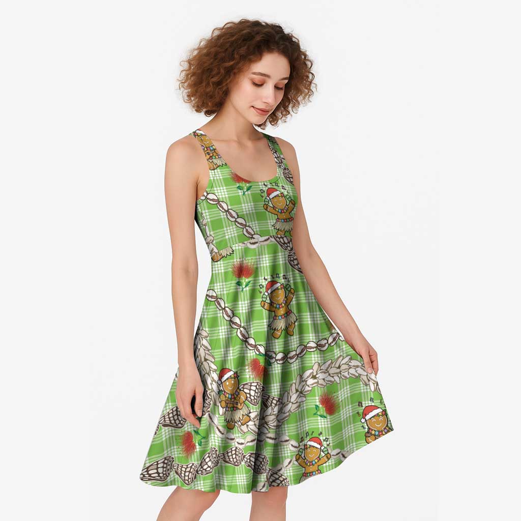 Green Palaka Hawaii Mele Kalikimaka Midi Dress Ohia Lehua Shell Leis Funny Gingerbread Santa - Polynesian Pride