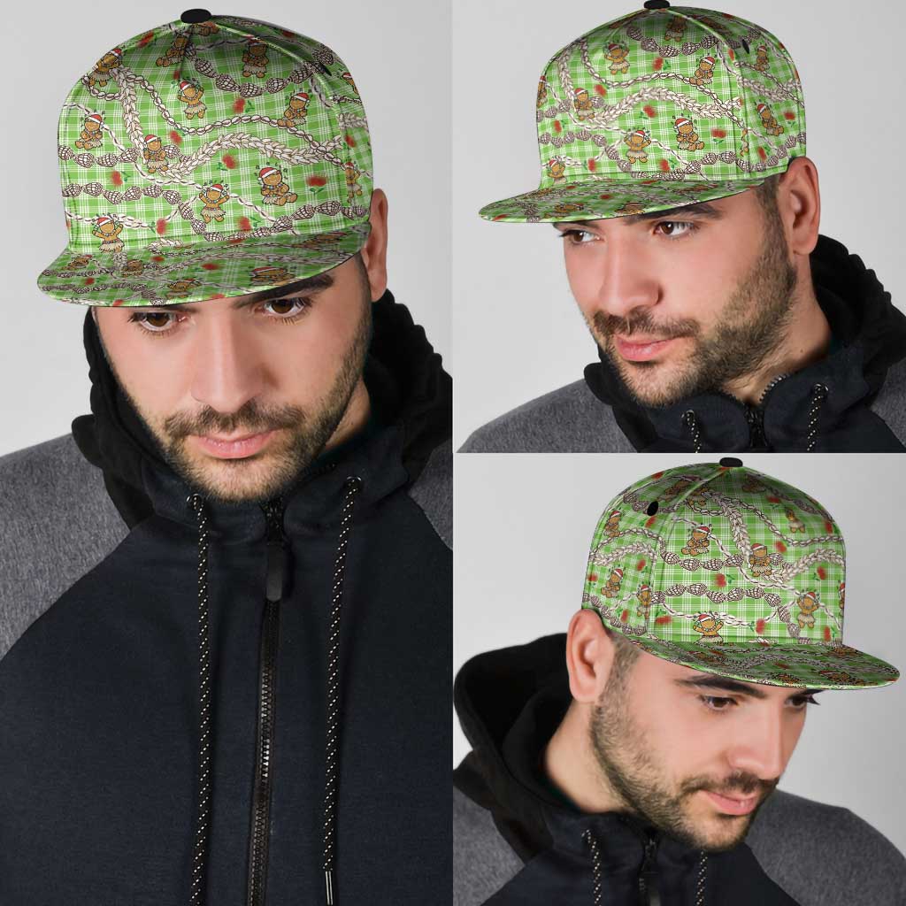 Green Palaka Hawaii Mele Kalikimaka Snapback Cap Ohia Lehua Shell Leis Funny Gingerbread Santa - Polynesian Pride