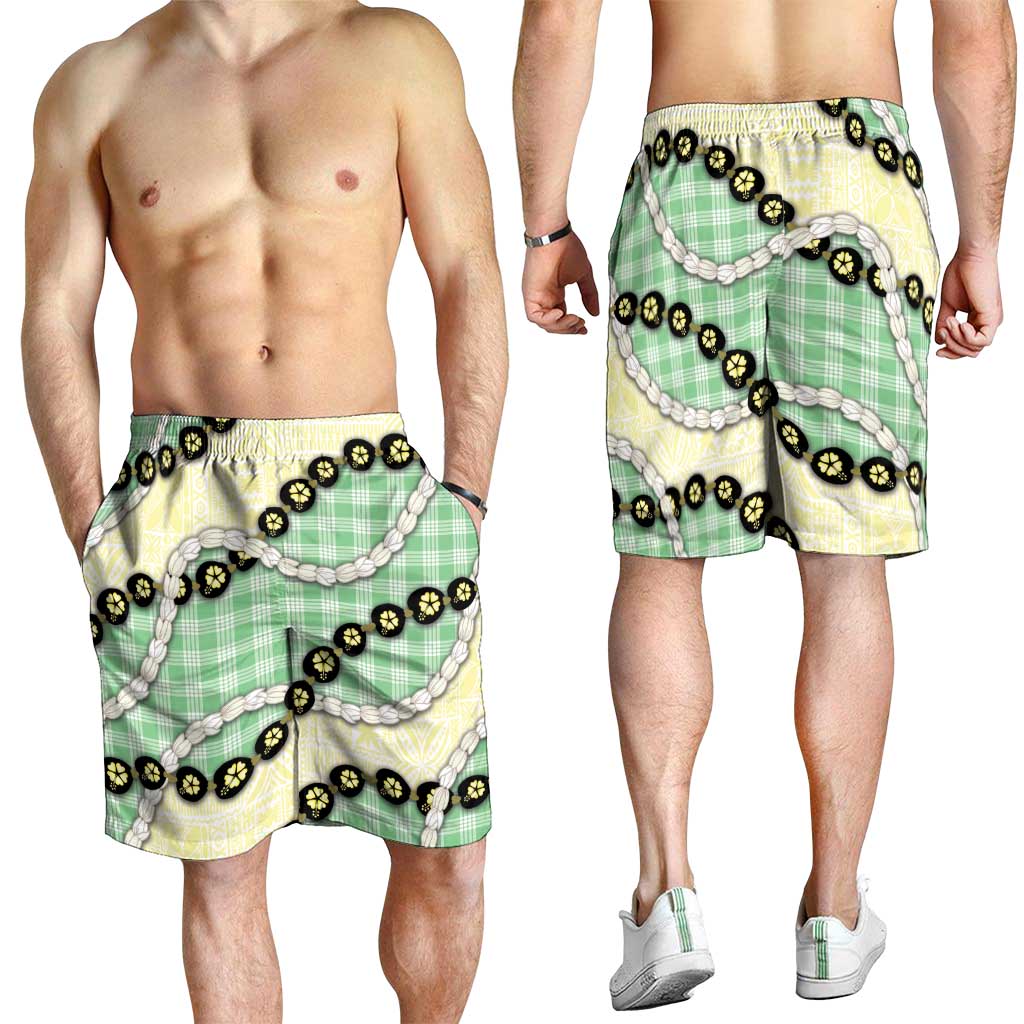 Green Palaka Hawaii Shorts for Men Kukui Nut Pikake Lei Hawaiian Tapa Pattern - Polynesian Pride