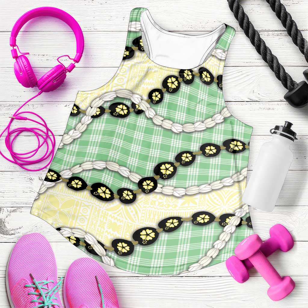 Green Palaka Hawaii Women Racerback Tank Kukui Nut Pikake Lei Hawaiian Tapa Pattern - Polynesian Pride