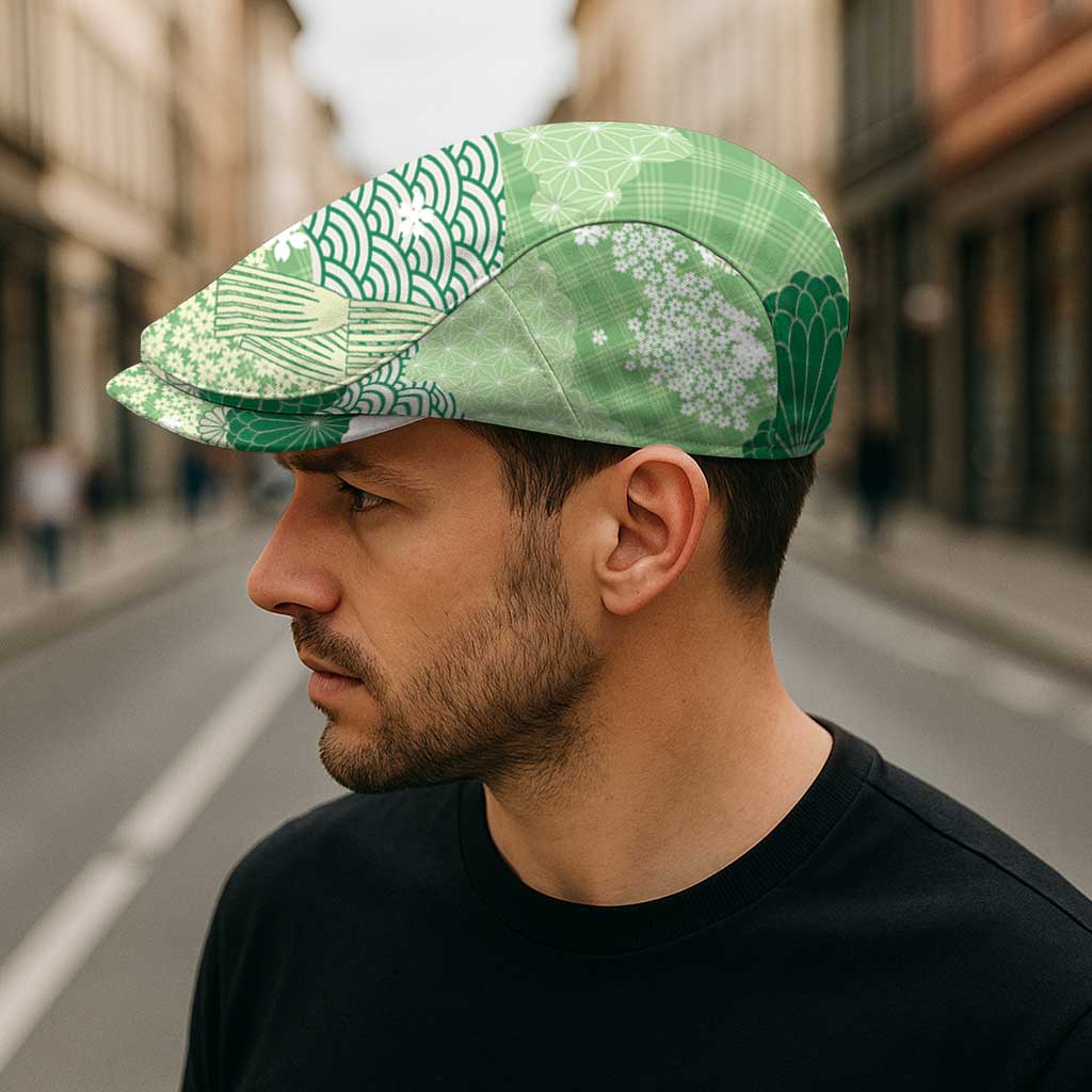 Green Palaka Japanese Traditional Jeff Hat Asanoha Seigaiha Sakura Motif - Polynesian Pride