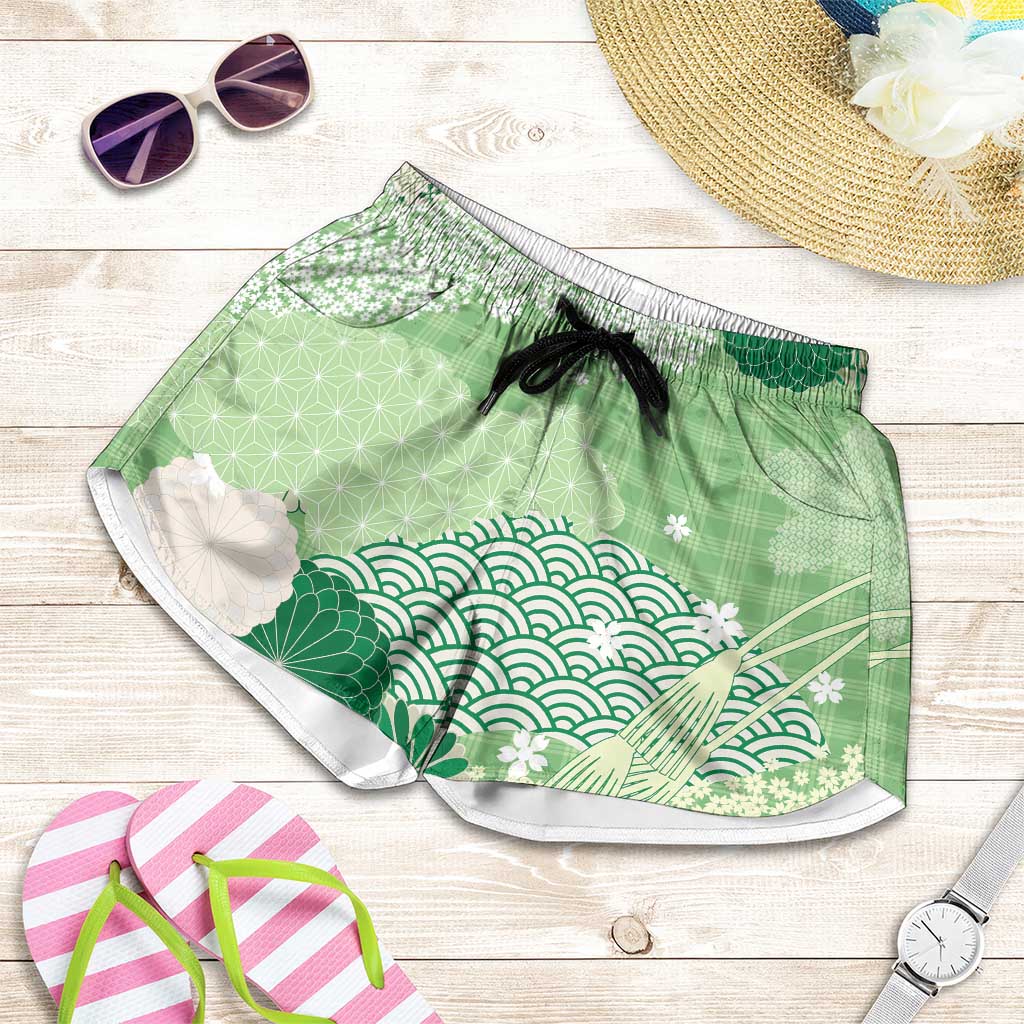Green Palaka Japanese Traditional Shorts for Women Asanoha Seigaiha Sakura Motif - Polynesian Pride