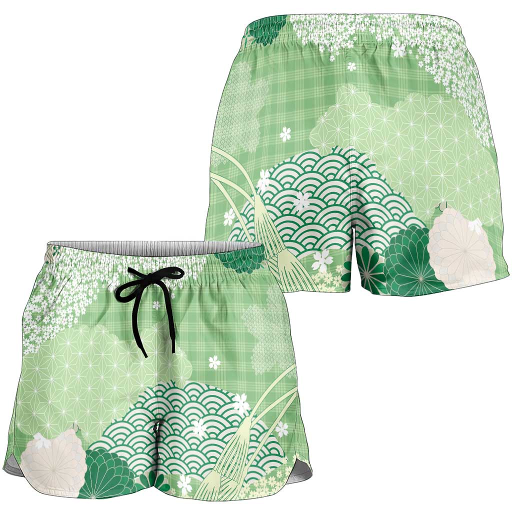 Green Palaka Japanese Traditional Shorts for Women Asanoha Seigaiha Sakura Motif - Polynesian Pride