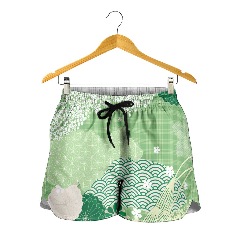 Green Palaka Japanese Traditional Shorts for Women Asanoha Seigaiha Sakura Motif - Polynesian Pride